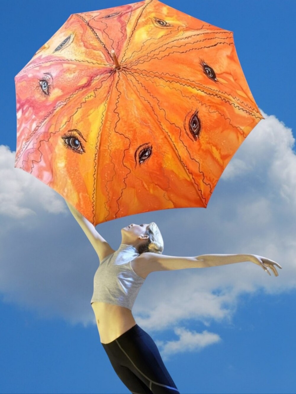 Handpainted signed Silk Parasol Handcrafted Umbrella One of a kind "EYES" Rare